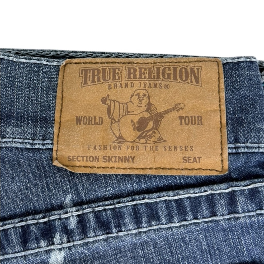 True Religion Men 30 Jeans Skinny No Flap Pockets Blue Contrast Stitch Big T EUC - Picture 10 of 11